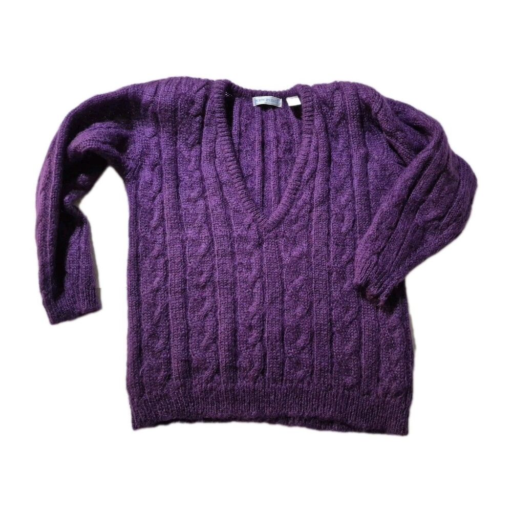Vintage Mohair Blend Sweater Women Med V-Neck Shoulder Pads Purple Cozy Soft